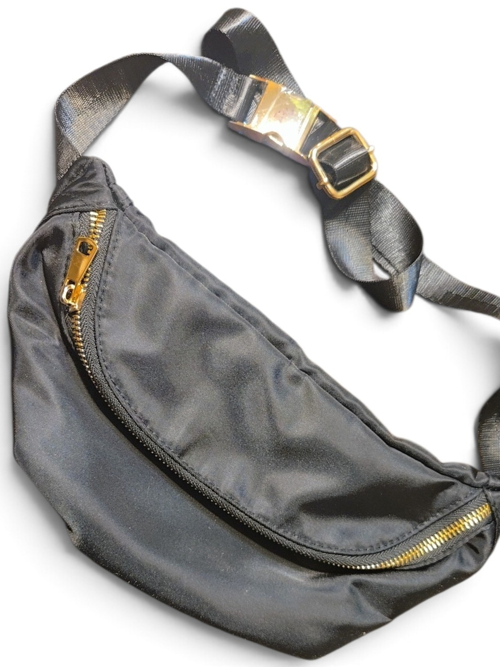 Black Nylon Crossbody/Fanny Pack Belt Bag with Gold Hardware